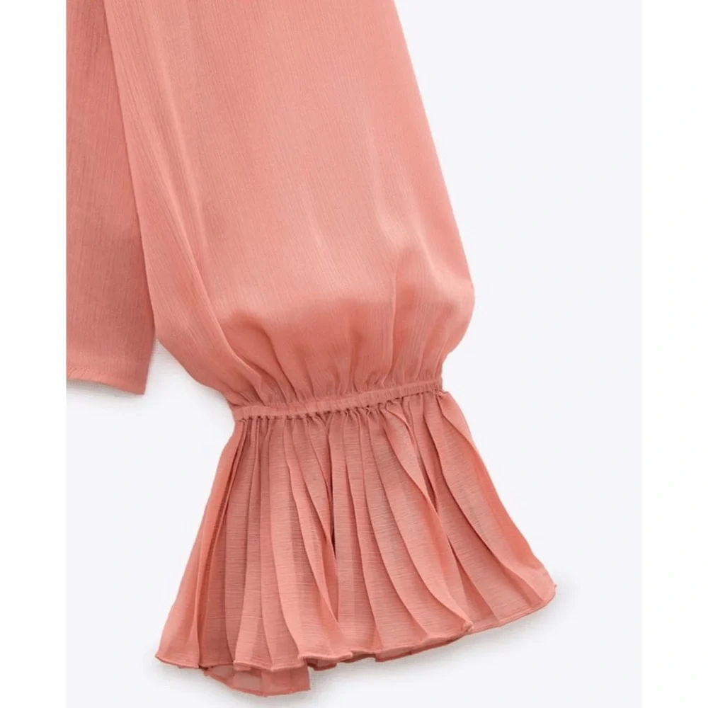 Zara XSmall Pleated Ruffle Blouse, Mid-Pink - Picture 7 of 8